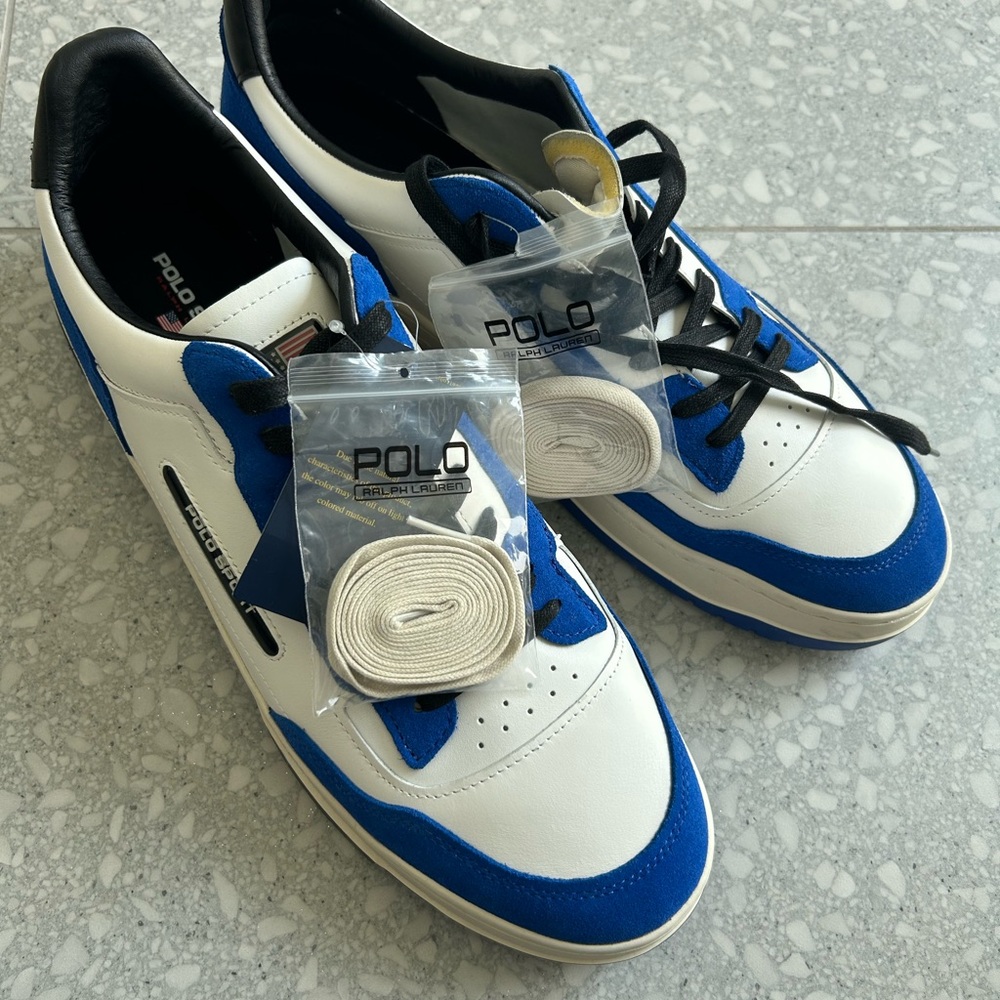 NEW Polo by Ralph Lauren White and Blue Low-Top Sneakers with Black Laces